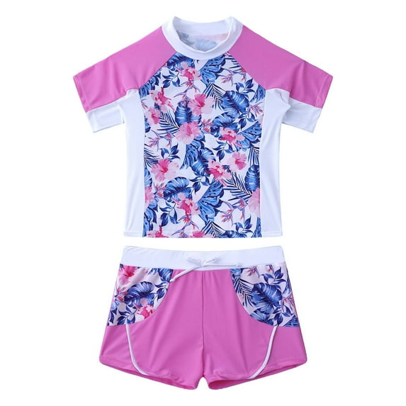 inhzoy Kids Girls Rash Guard Swim Shirt Tankini Bikini Set Shorts Pink 10