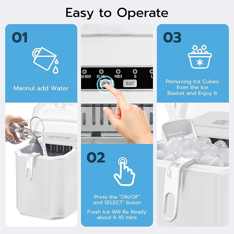 Countertop Ice Maker, 26.5Lbs/24H, 9 Bullet Cubes in 6 Mins, Self-Cleaning Portable Ice Machine with 2 Ice Sizes (S/L), Quiet Compact Design, Double Handles, for Home, Party, RV, Camping, White