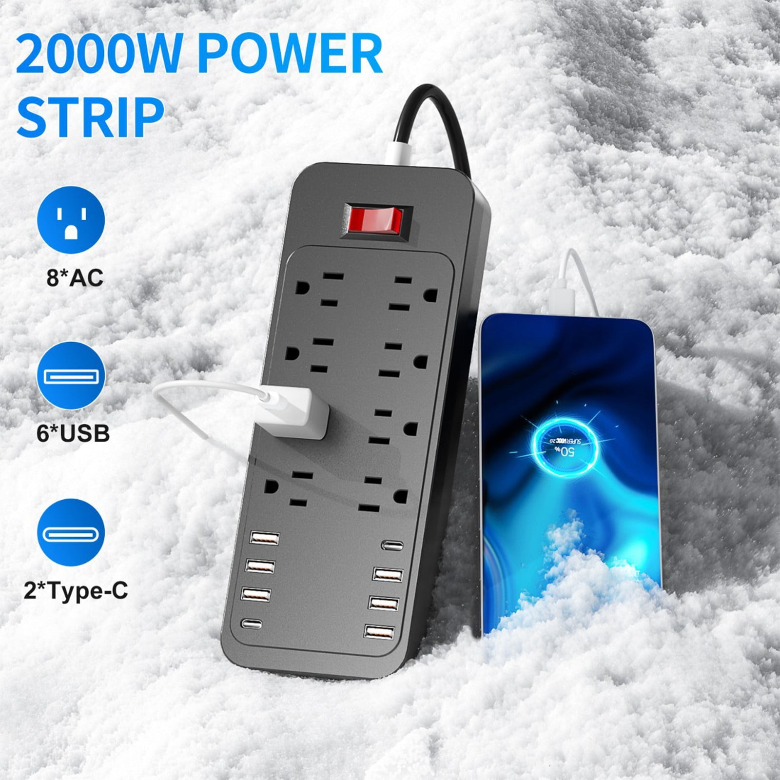 YUNAFFT US Standard 2500W Power Strip Household Extension Board Socket With Control Buttons 8 Socket 6 USB Ports 2 Type-C Ports Plug Board