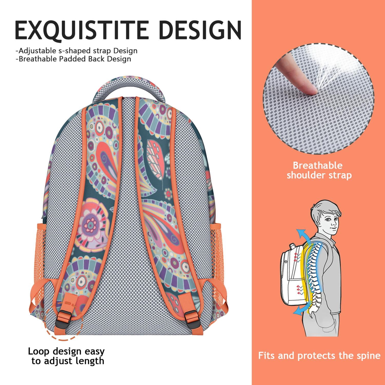 Aesthetic Paisley Design Waterproof Backpack - Colorful Ethnic Print & Breathable Straps for Teens