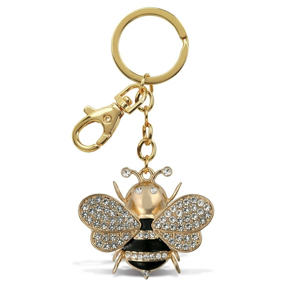 Aqua79 Bee Keychain - Gold 3D Sparkling Charm Rhinestones Fashionable Stylish Metal Alloy Durable Key Ring Bling Crystal Jewelry Accessory with Clasp for Key Chain, Bag, Purse, Backpack, Handbag