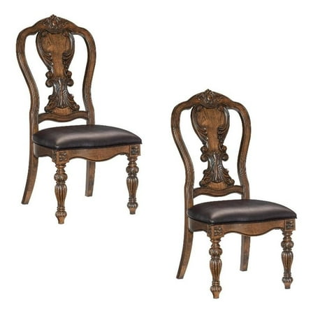 Devi 22 Inch Side Dining Chair Set of 2- Cutout Carved Back- Brown Faux Leather