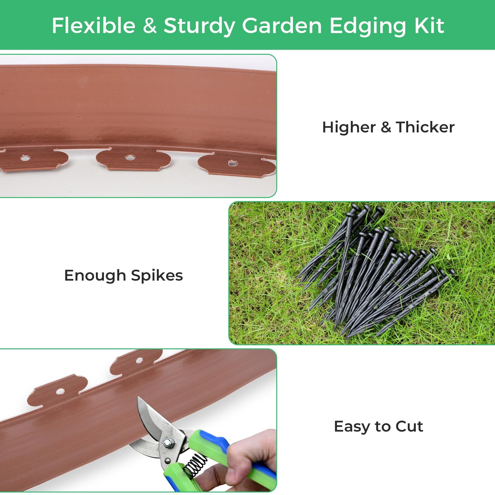 2-Inch x 100 FT Landscape Edging Border with 150 Spikes, Plastic Edging for Landscaping Garden Edging Border, Flexible Landscaping Edging for Garden Flower Beds Yard Lawn Pathway Paver (Brown)