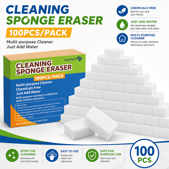 InnotechSC Cleaning Sponge Eraser 100 PCS/Pack – Multi-Purpose Melamine Cleaning Pads, Chemical Free Magic Cleaning Blocks, Just Add Water for Kitchen, Bathroom, Walls & More
