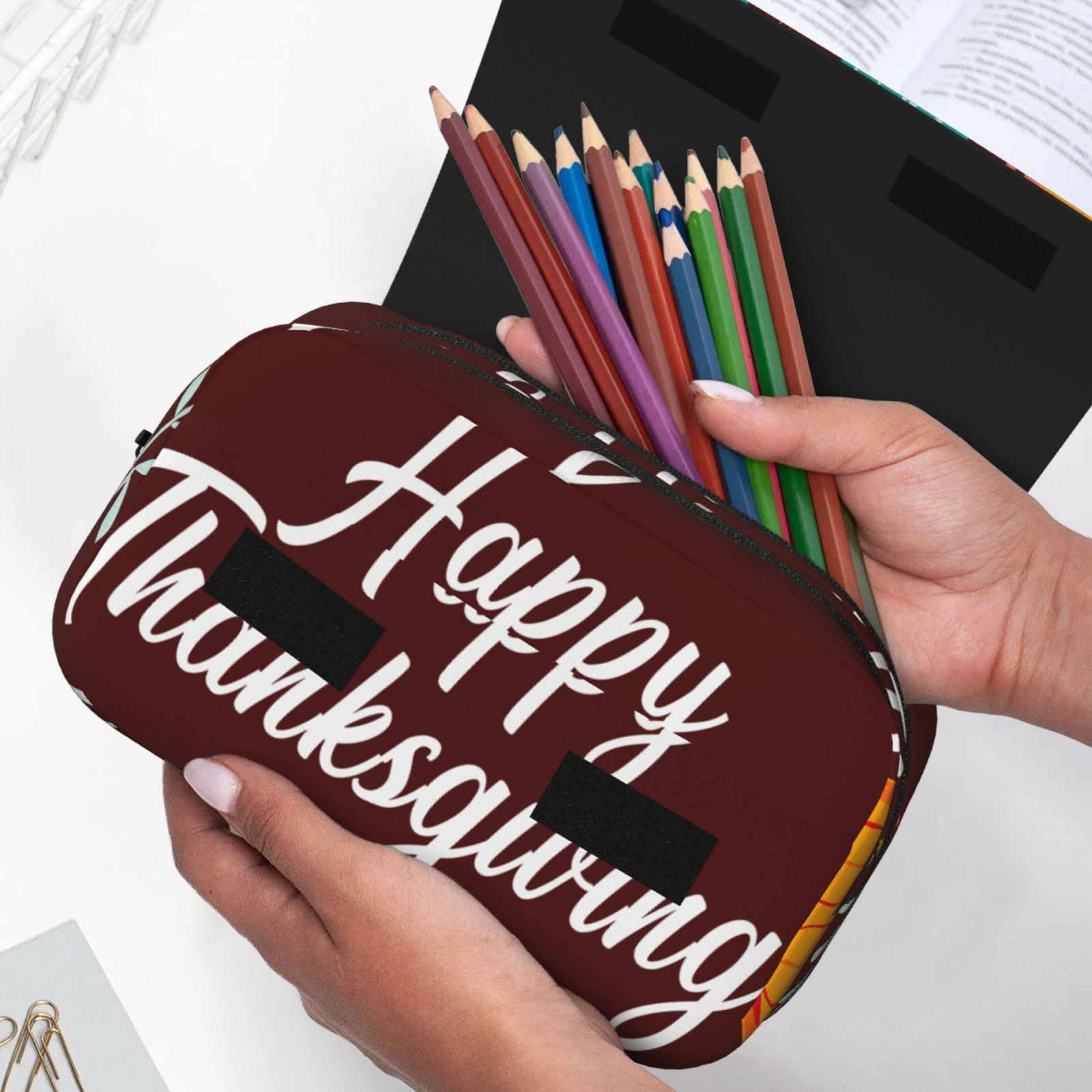 Rateoe Happy Thanksgiving Pattern Double Clamshell Pen Case, Storage Organizer with Two Zipper Compartments– Holds Up to 50 Pencils & Pens
