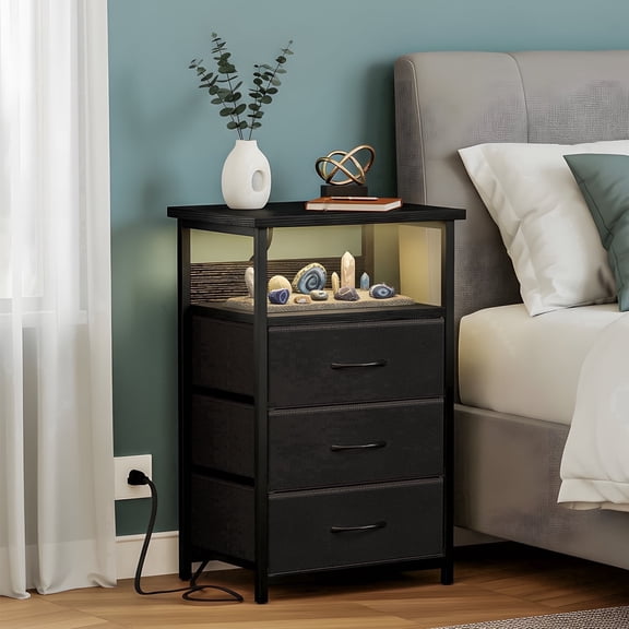 Fairy Night Stand with Charging Station, Bed Side Table, Nightstand with 3 Fabric Storage Drawers, Black