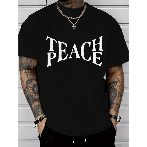 Casual Graphic Tee,Tops Has"TEACH PEACE"Print Pattern,Round Neck Regular Fit T-shirts, Size(S-5XL)