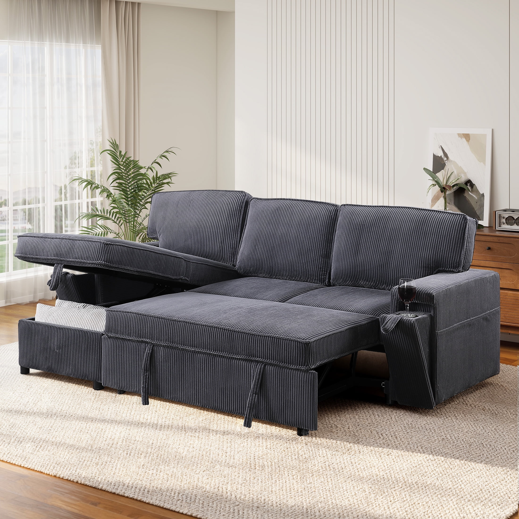 Aukfa Corduroy Pull Out Sofa Bed, Reversible Sectional Couch with Storage Chaise, Hidden Cup Holder, Beige