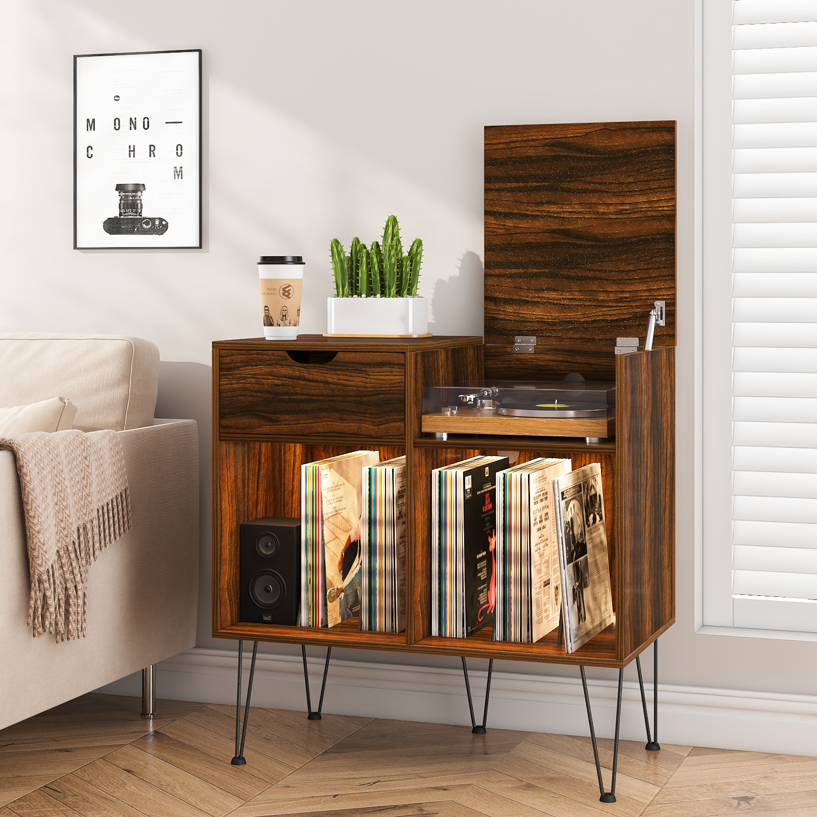 Segawe Vinyl Record Stand With LP Storage – Stylish Player Holder For Living Room, Black & Brown