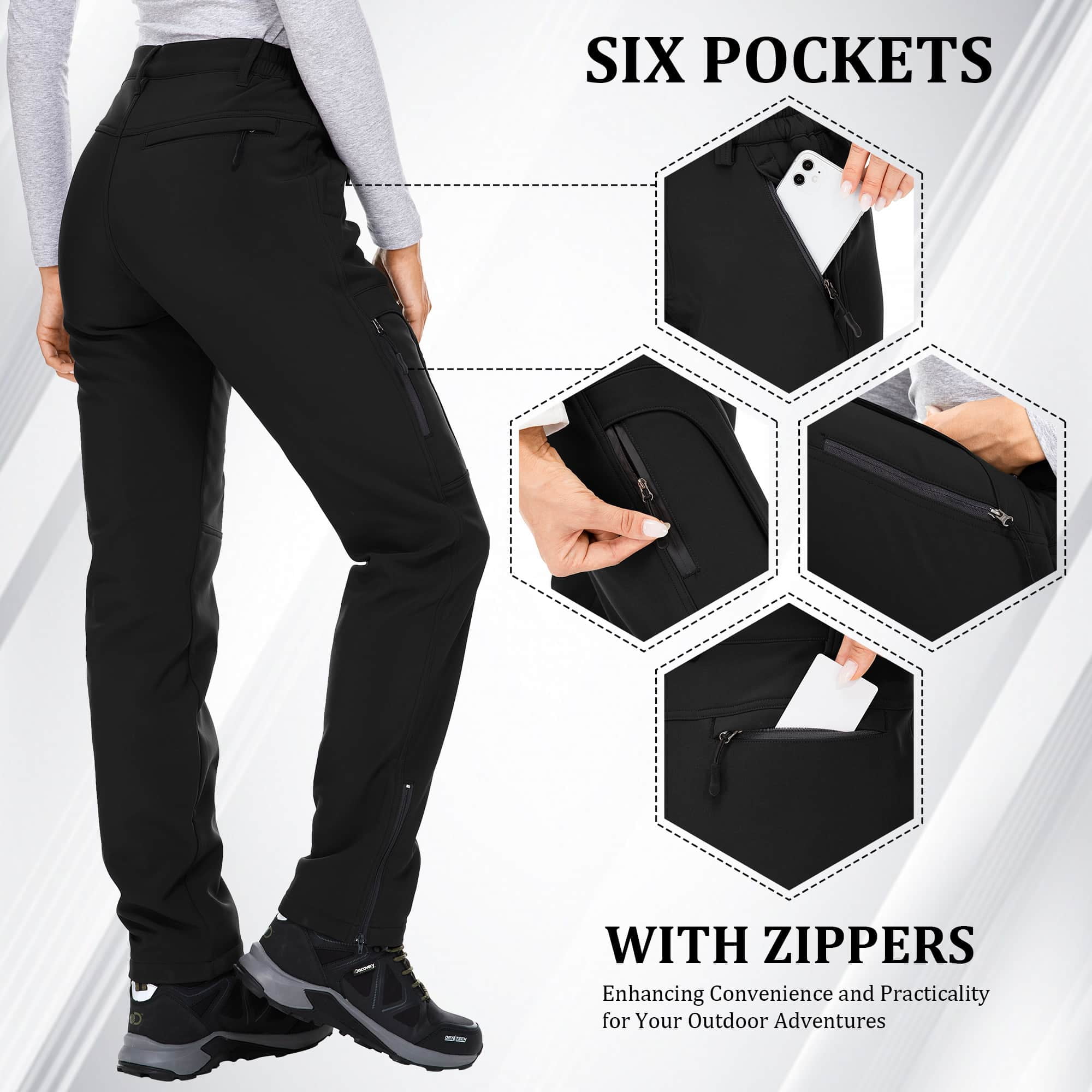FEN AI Women's Fleece Lined Snow Pants Water Repellent Insulated Softshell Pants Outdoor Snow Ski Pant Winter Warm Hiking Trousers Black