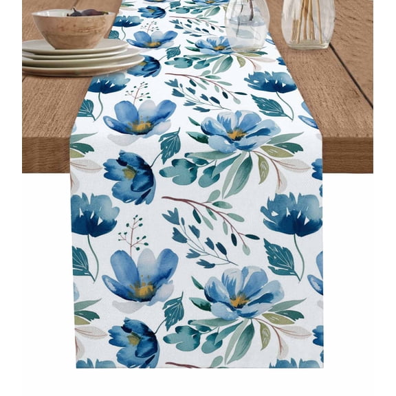 Blue Floral Table Runner 48 Inches, Watercolor Farmhouse Flowers Painting Bed Runner Dresser Scarves Tabletop for Indoor Outdoor Parties/Ceremony/Banquet, 13" x 48"