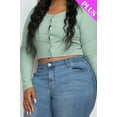 thumbnail image 4 of Saronite Basic Ribbed Knit Long Sleeve Front Button Up Crop Top, Green Bay (Women's Plus), 4 of 5