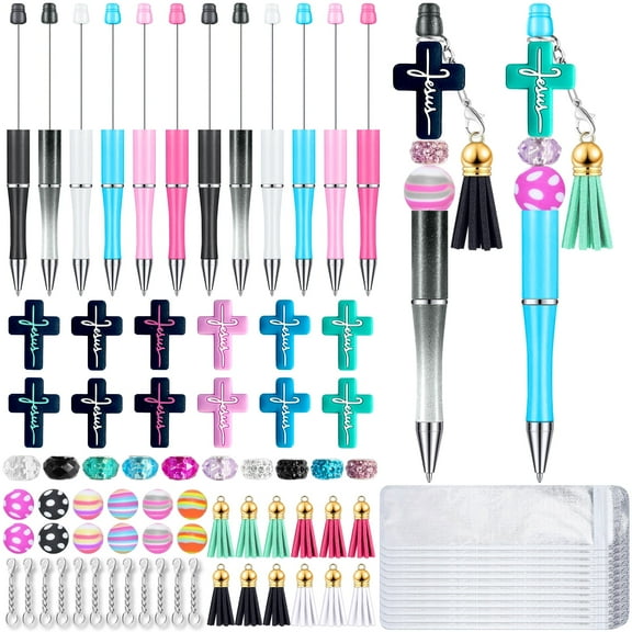 Beadable Pens 12 Sets Jesus Theme Ballpoint Pens DIY Making Kit with Jesus Cross Silicone Focal Beads Alloy Pendants Assorted Spacer and Tassels (Jesus Theme)