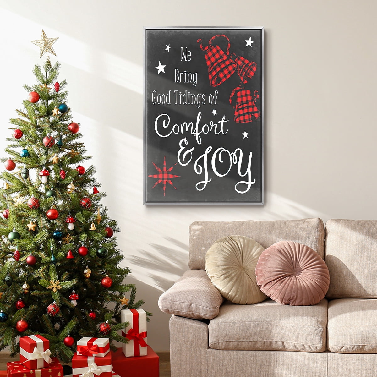 Comfort and Joy in Red - Framed Gallery Wrapped Holiday Canvas - 17 x 25 - Silver Frame