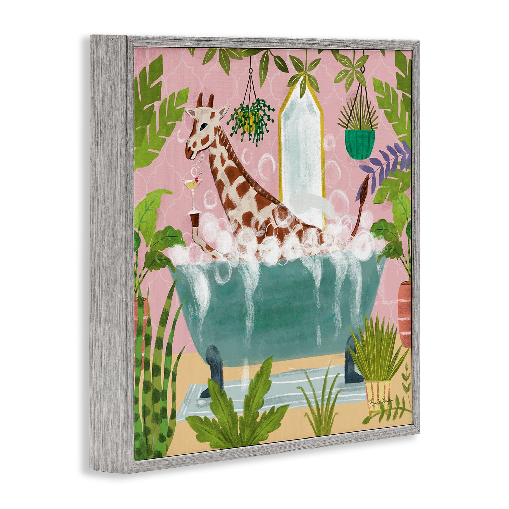 Stupell Industries Giraffe Fun Bath Time Typography Painting Gray Framed Art Print Wall Art, 24 x 24