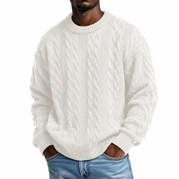 Cable Knit Sweater for Men Classic Vintage Crewneck Long Sleeve Oversized Pullover Warm Cozy Soft Fall Winter Comfy Top White M