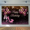 thumbnail image 2 of Fondo de fotografía de cumpleaños con globos dorados, negros, rosados y dorados para sesión de fotos de niñas y mujeres. Banner de fiesta de feliz cumpleaños con tacones altos, decoraciones de globos, 2 of 3