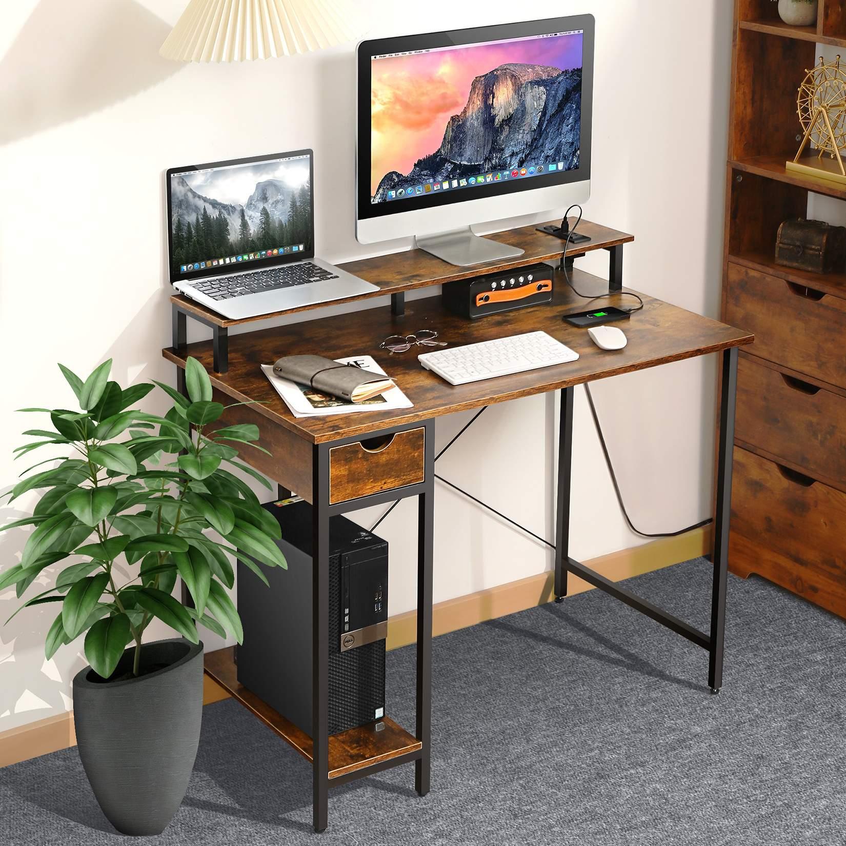 SEJOV Writing Desk with Drawers,Wood Computer Desk with Power Outlets