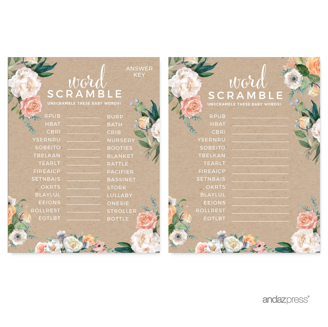 peach rustic floral garden party word scramble game cards 20 pack games words to garden party