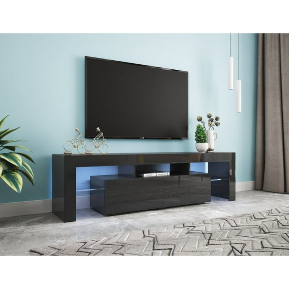 Newboti Furniture Modern Black TV Stand, 20 Colors LED TV Stand w/Remote Control Lights 11058