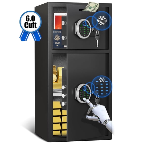 Coffre-Fort Domestique Extra Grand de 6,0 Pi3 Ignifuge et Étanche, Coffre Anti-Empreintes Digitales, Coffres de Sécurité Domestique avec Tablette Ajustable et Fente de Dépôt, Coffres à Argent avec Clavier Rétroéclairé et Double Alarme pour Bureau à Domicile