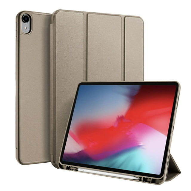 Magnetic Smart Case for the iPad Pro 12.9" 3rd Gen Apple Pencil in a champagne color. The case features a tri-fold front cover and a magnetic attachment for secure locking. It is compatible with the Apple Pencil's magnetic attachment and wireless charging. Designed for the Apple iPad Pro 12.9-inch 3rd generation, it supports auto sleep/wake functionality and allows easy installation and removal.