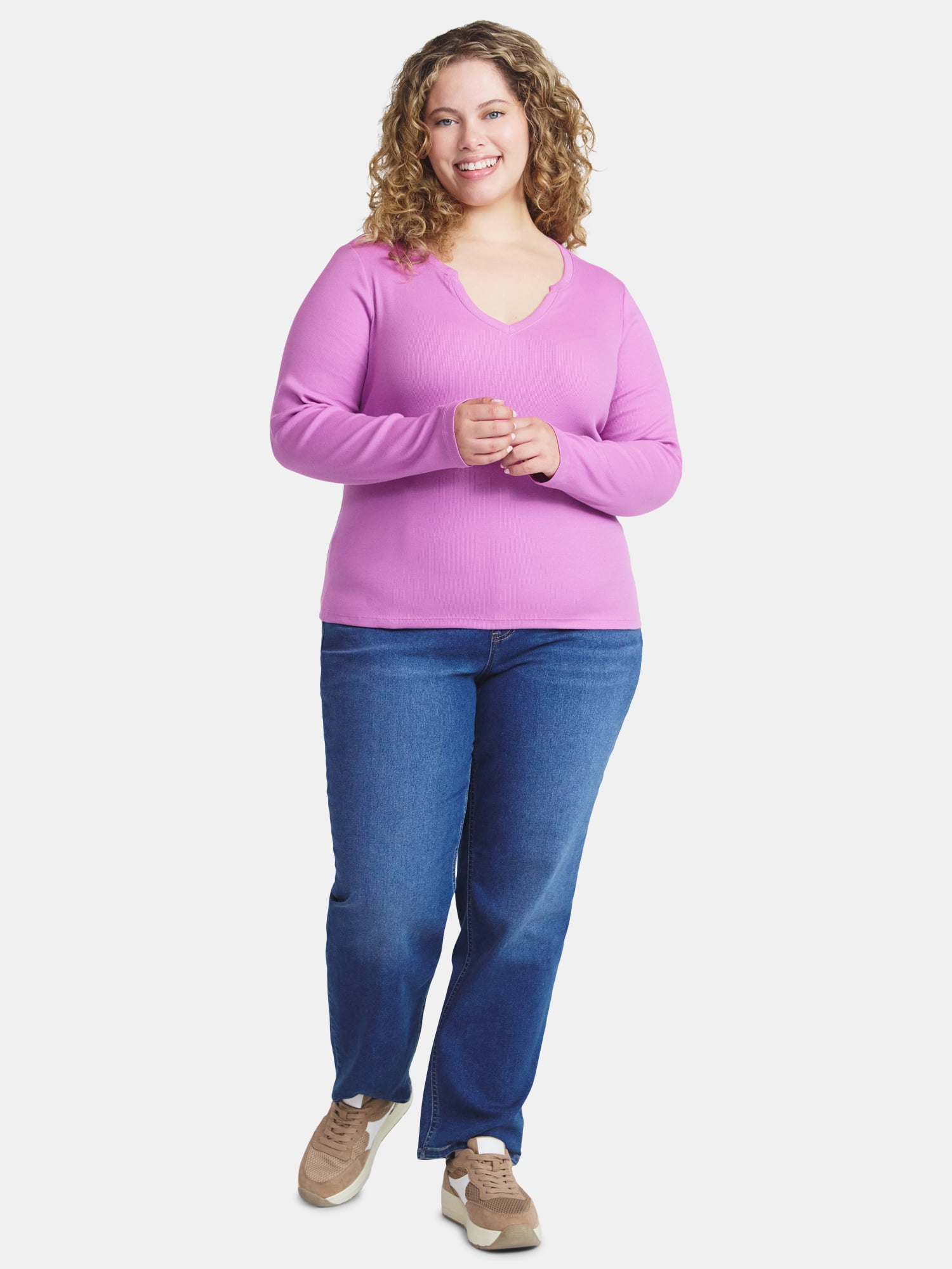 Terra & Sky Women's Plus Long Sleeve Notch Neck Top