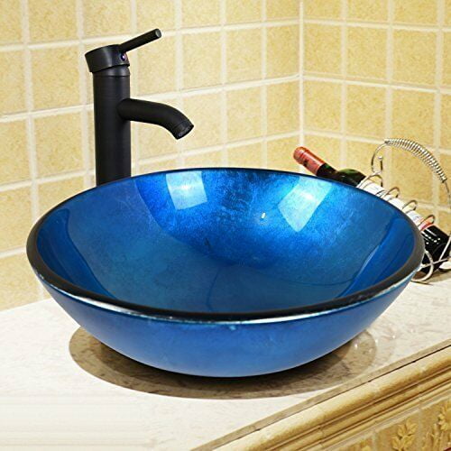 AS Blue Bathroom Round Vessel Sink Set Basin Tempered Glass Bowl W/Chrome Faucet 