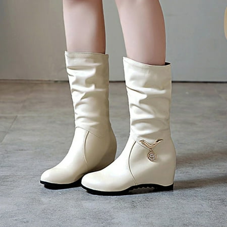 

TALKVE Ladies Fashion Solid Color Leather Surface Metal Decoration Inner Medium Boots