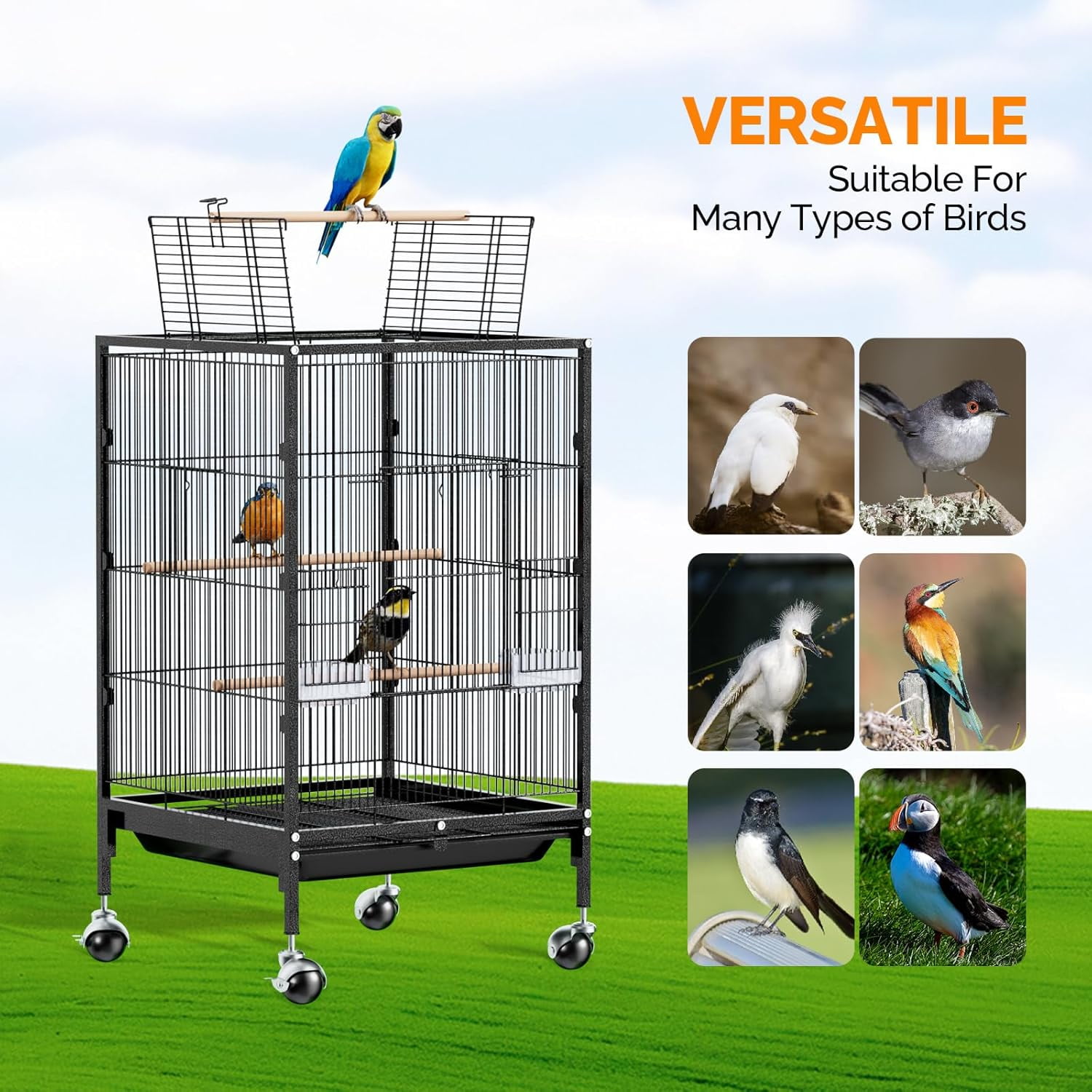 Miemie 38-inch Bird Cage with Wheels, Durable Wrought Iron Parakeet Cage with Slide Out Tray, Black Bird Cages for Parakeets/Cockatiels/Budgies and Other Small/Medium Birds (Medium-38 inch)