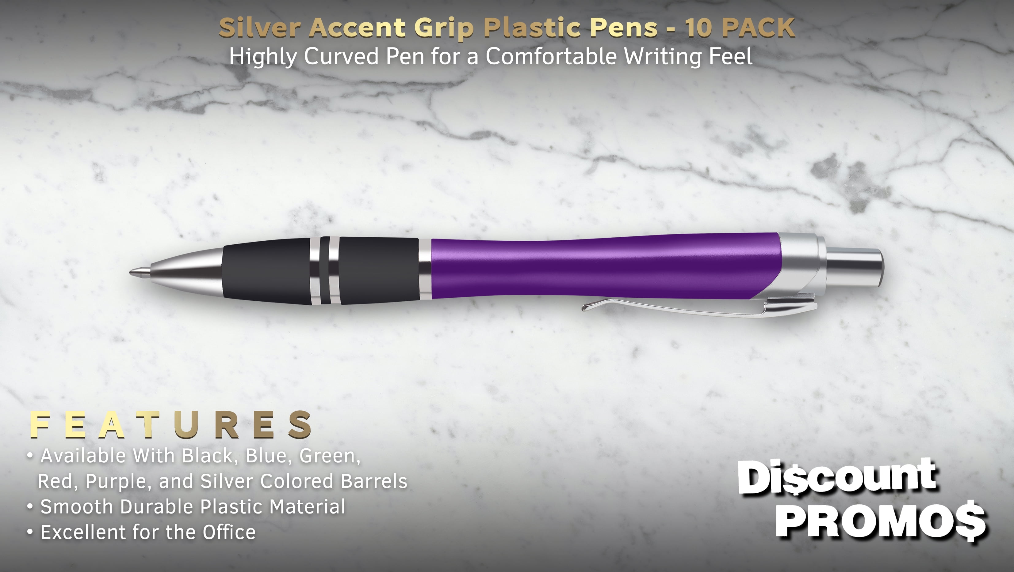 10 Silver Accent Grip Plastic Pens Pack - Click action, Rubber Grip - Purple