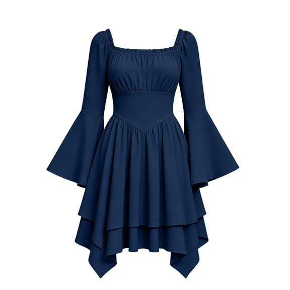 BRGZLK Renaissance Costume Bell Sleeve Dress Women Vintage Square Neck Off Shoulder Asymmetrical Hem Corset Dress Goth Halloween Medieval Party Dress for Witch Cosplay Navy XL