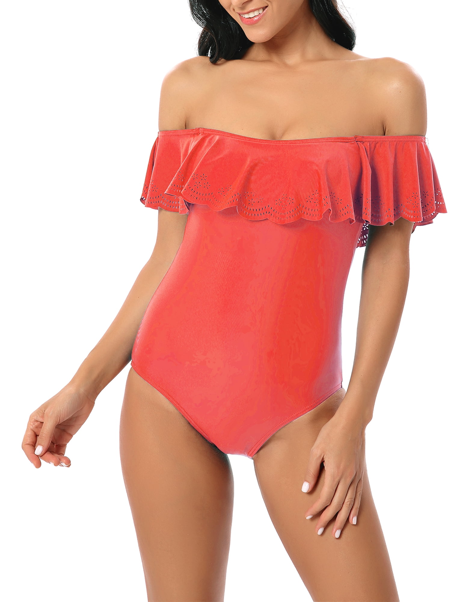Red off the deals shoulder one piece swimsuit