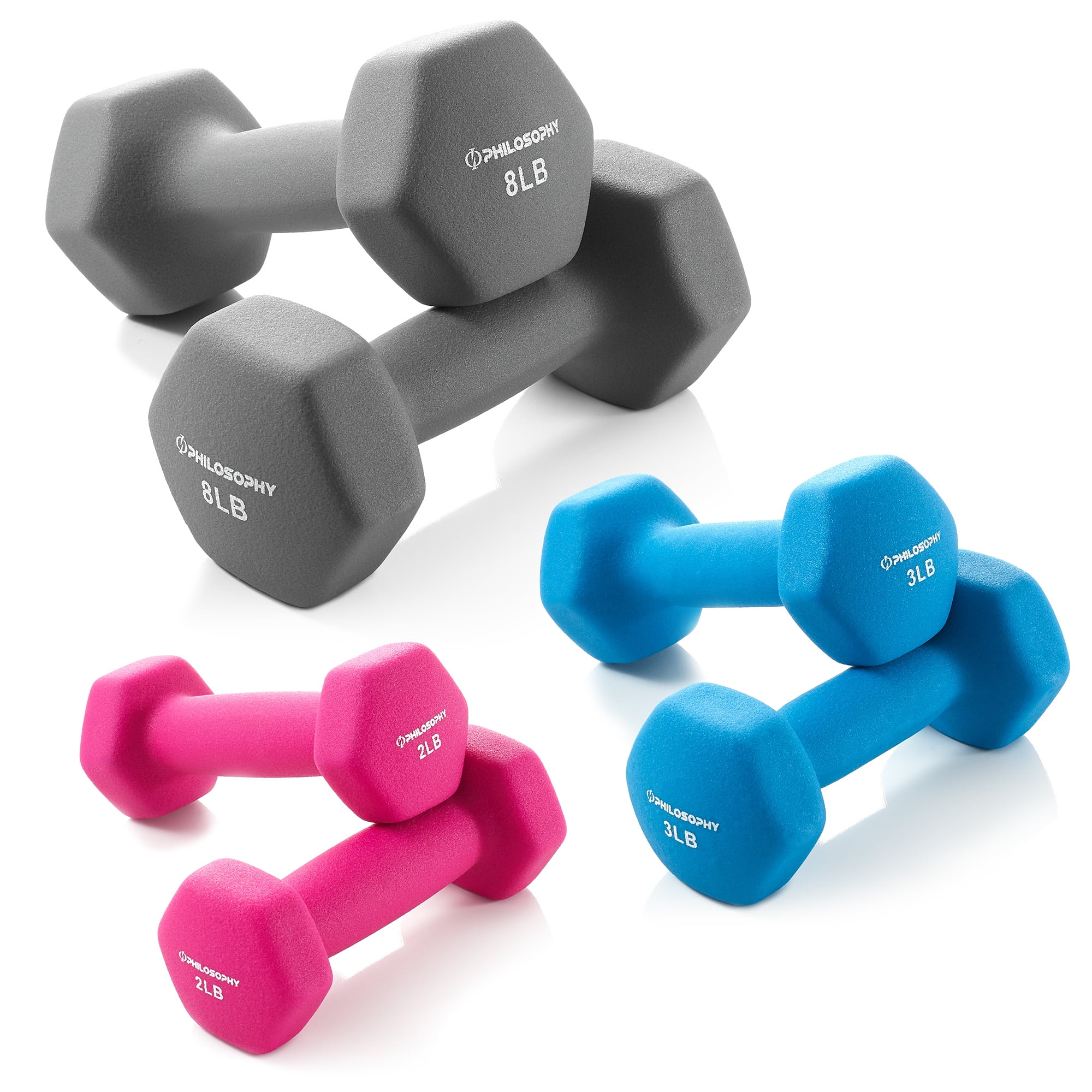 Philosophy Gym Neoprene Dumbbell Hand Weights with Stand, 32 lbs (3 lb, 5 lb, 8 lb Pairs)