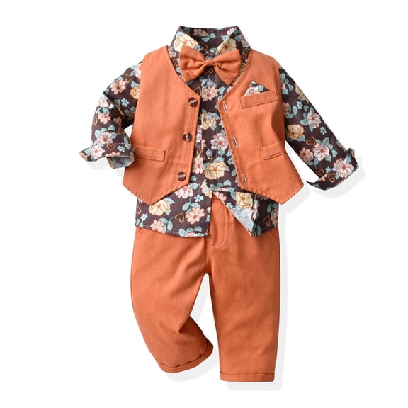 GiLiling Toddler Boy Floral Gentleman Outfit Dress Shirt Vest and Suspender Pants Formal Set for Wedding Wear (F, 4-5 Years)