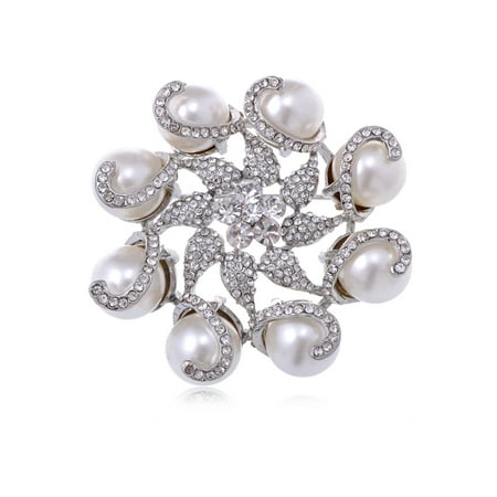 Silver Tone Crystal Rhinestone Faux Pearl Flower Swirl Wreath Fashion Pin Brooch