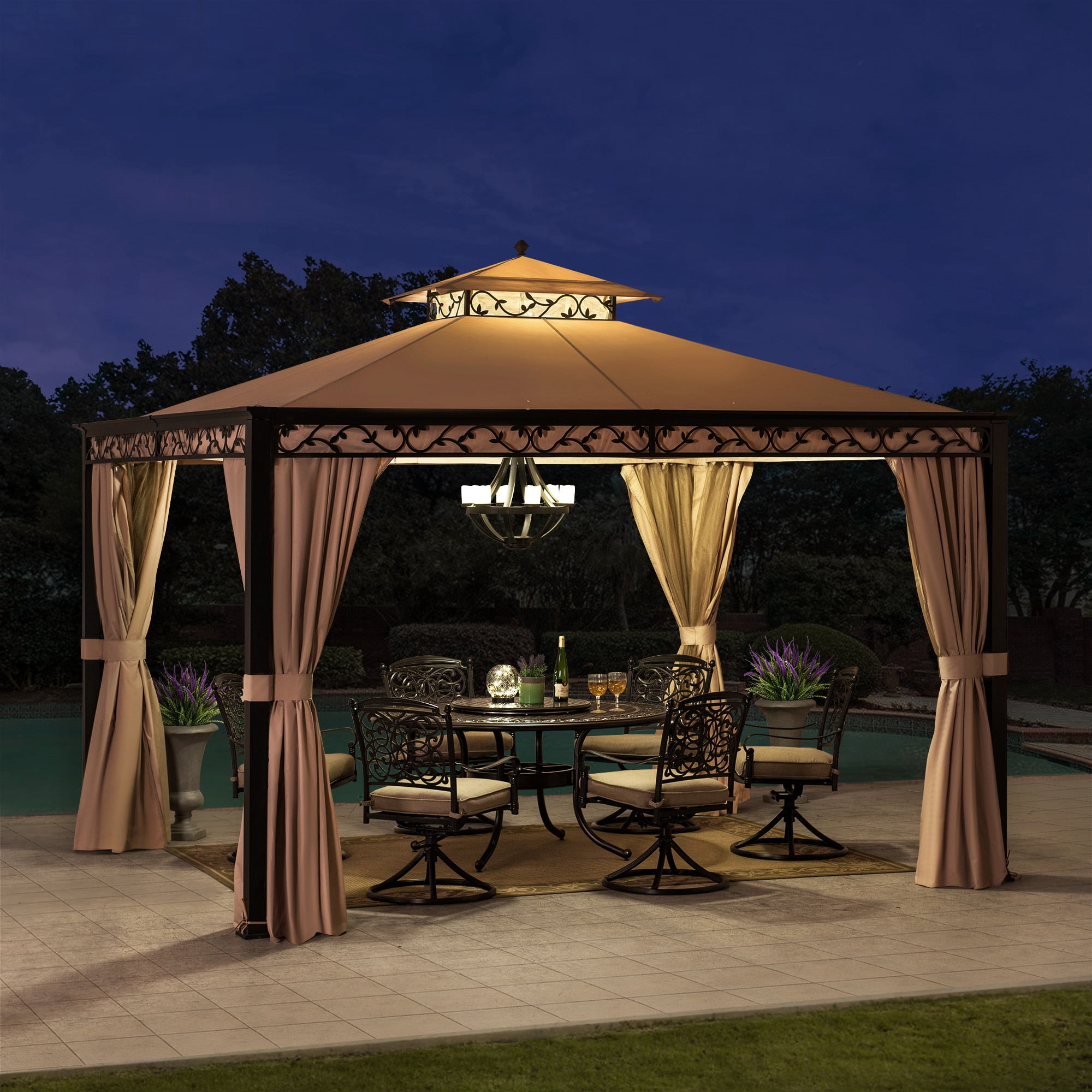 Sunjoy Gazebo à structure en acier 10 x 12 pieds Patio extérieur Gazebo à toit souple à 2 niveaux avec vigne décorative, filet, rideaux et crochet de plafond