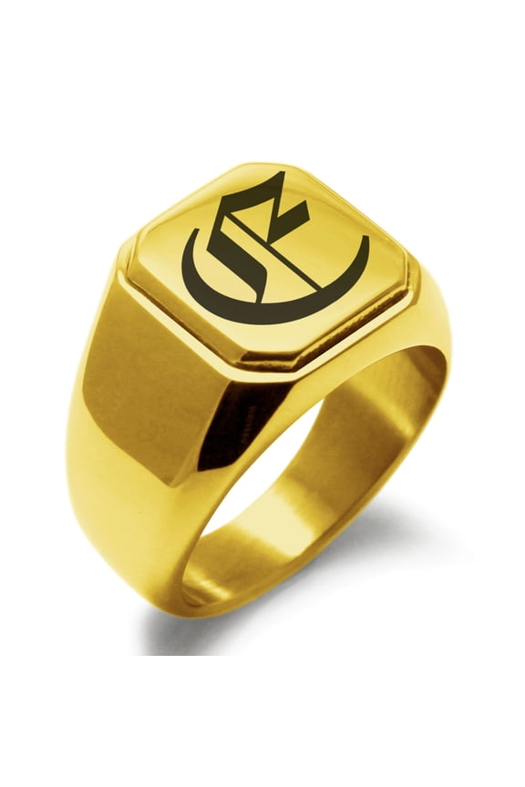 Stainless Steel Letter E Initial Old English Monogram Engraved Engraved Square Flat Top Biker Style Polished Signet Ring