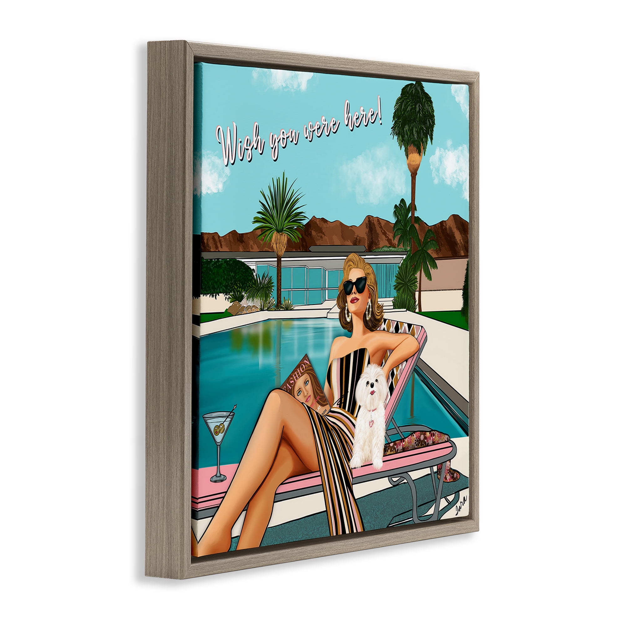 Stupell Industries Wish You Were Here Palm Springs Brown Framed Floater Canvas Wall Art, design by Tara Boone