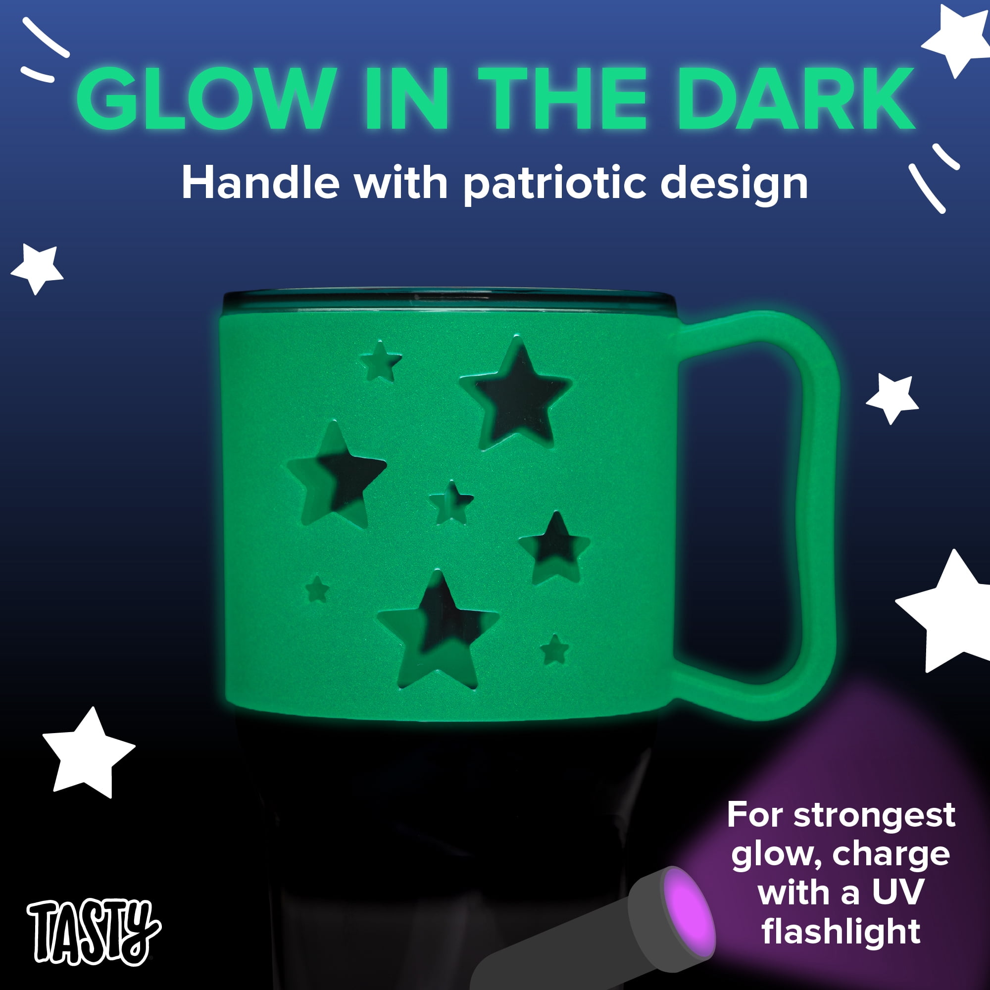 Tasty 40 oz Plastic Tumbler with Lid and Straw, Glow-in-the-Dark Handle, Stars Design, Royal Blue