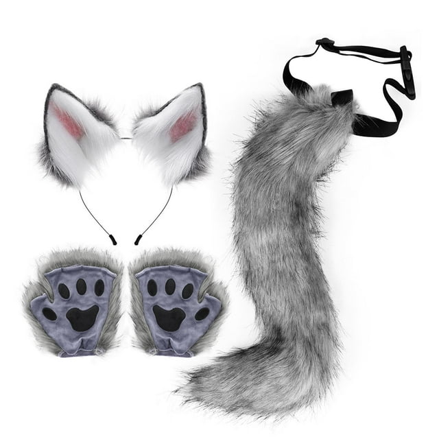 Juego de 4 piezas de Orejas y cola de peluche Zulema para disfraces gris oscuro