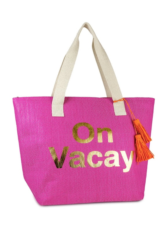 Women's Paper Straw Insulated on Vacay Beach Tote Bag with Metallic Letters and Flat Handel
