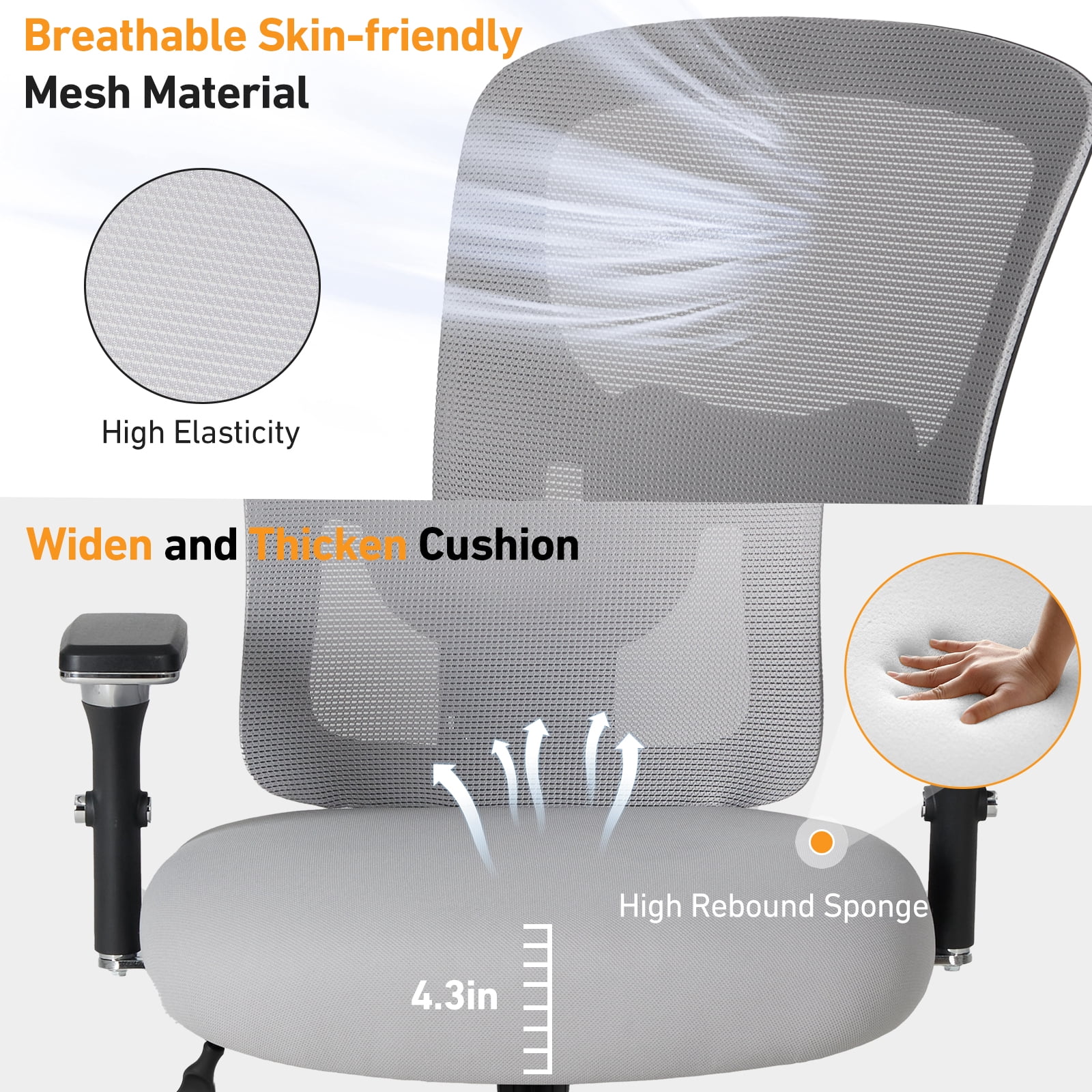 CONCETTA Heavy-Duty Big & Tall Mesh Office Chair, Ergonomic Desk Chair with Lumbar Support, Adjustable 4D Armrests & Adjustable Backrest, Swivel Wheels, 500 lb Capacity — Gray
