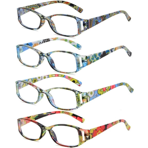 4 Pairs of Women Small Rectangular Anti-blue Light Reading Glasses 1.50 Printed Ultra-light Readers  1.50 Strength