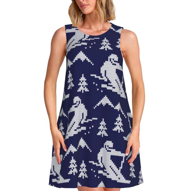Easygdp Abstract Skiing para Vestido Transpirable de Mujer, Vestido Suelto de Manga Corta con Pliegues y Bolsillos para el Verano
