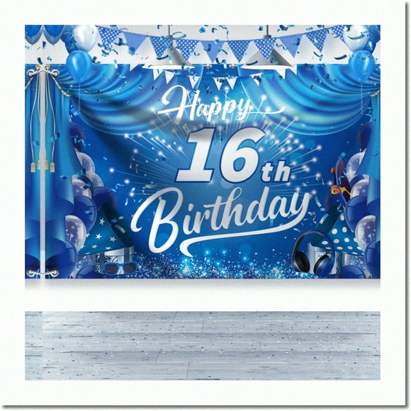 "Sweet Sixteen Skyline: 71"x44" Blue Birthday Backdrop - Perfect Party Decorations & Photo Background for Unforgettable Boys & Girls Celebrations!"