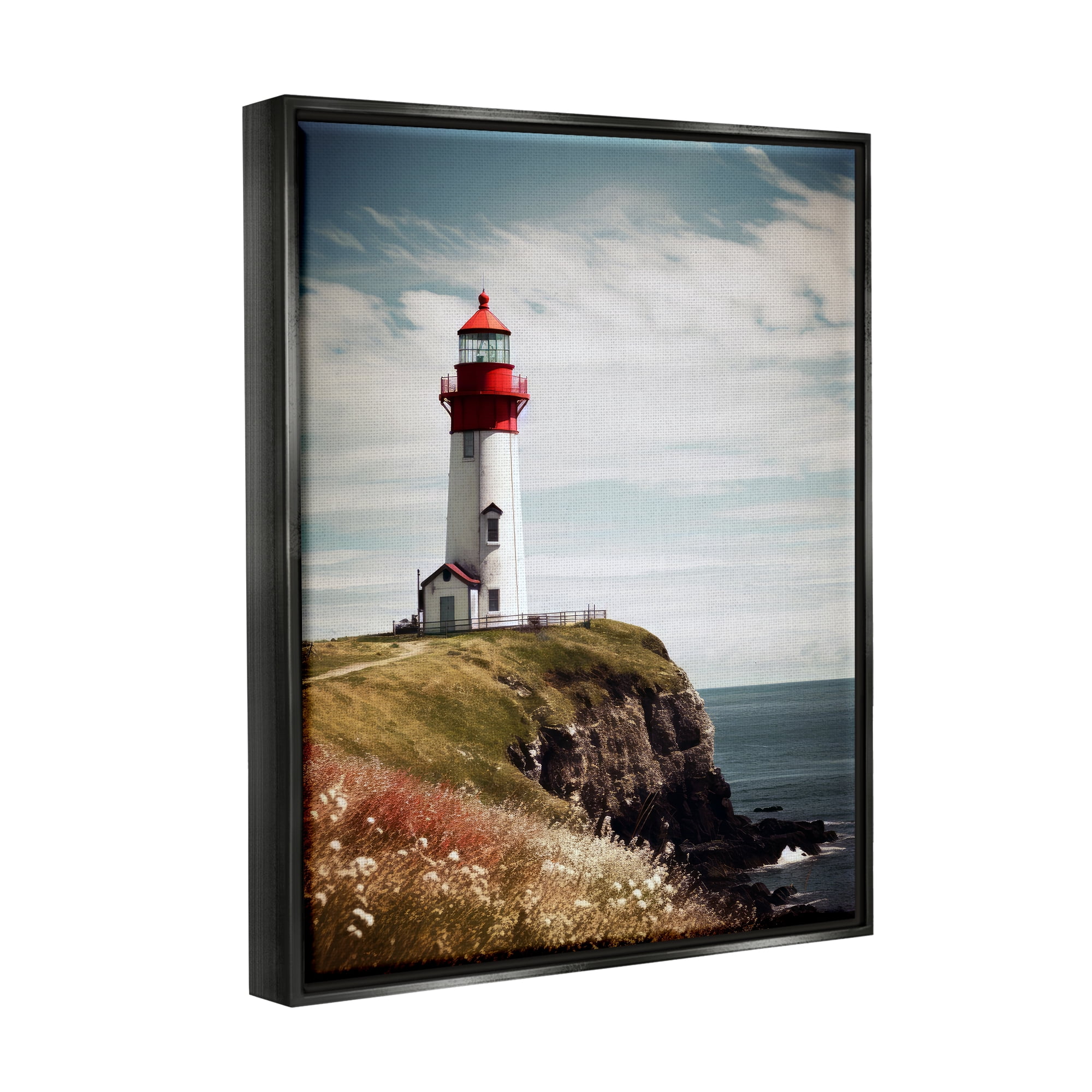 Stupell Industries Lighthouse on High Cliff Landscape Photography Black Floater Framed Canvas Art Print Wall Art, 25 x 31