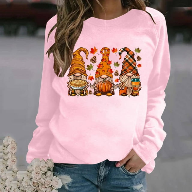 Meichang Hauts pour Femmes Automne Action de Grâce T-Shirts Graphiques Décontractés Manches Longues Coupe Ample Col Rond Pull Blouse Hauts