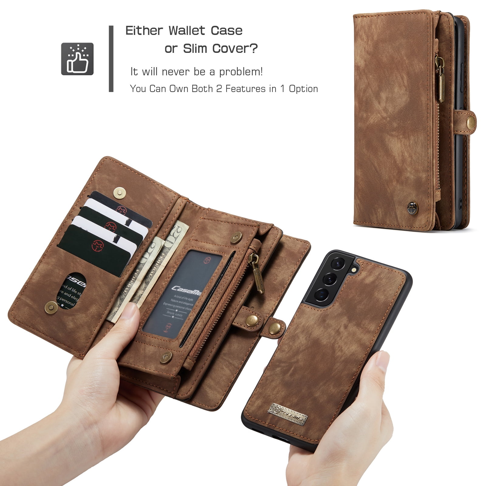 TECH CIRCLE Samsung Galaxy S22 Plus Case,Galaxy S22 Plus Wallet Case with Card Holder Kickstand Zipper Pocket Lanyard Strap Wristlet PU Leather Flip Case Wallet for Galaxy S22 Plus 6.6 inch,Darkbrown