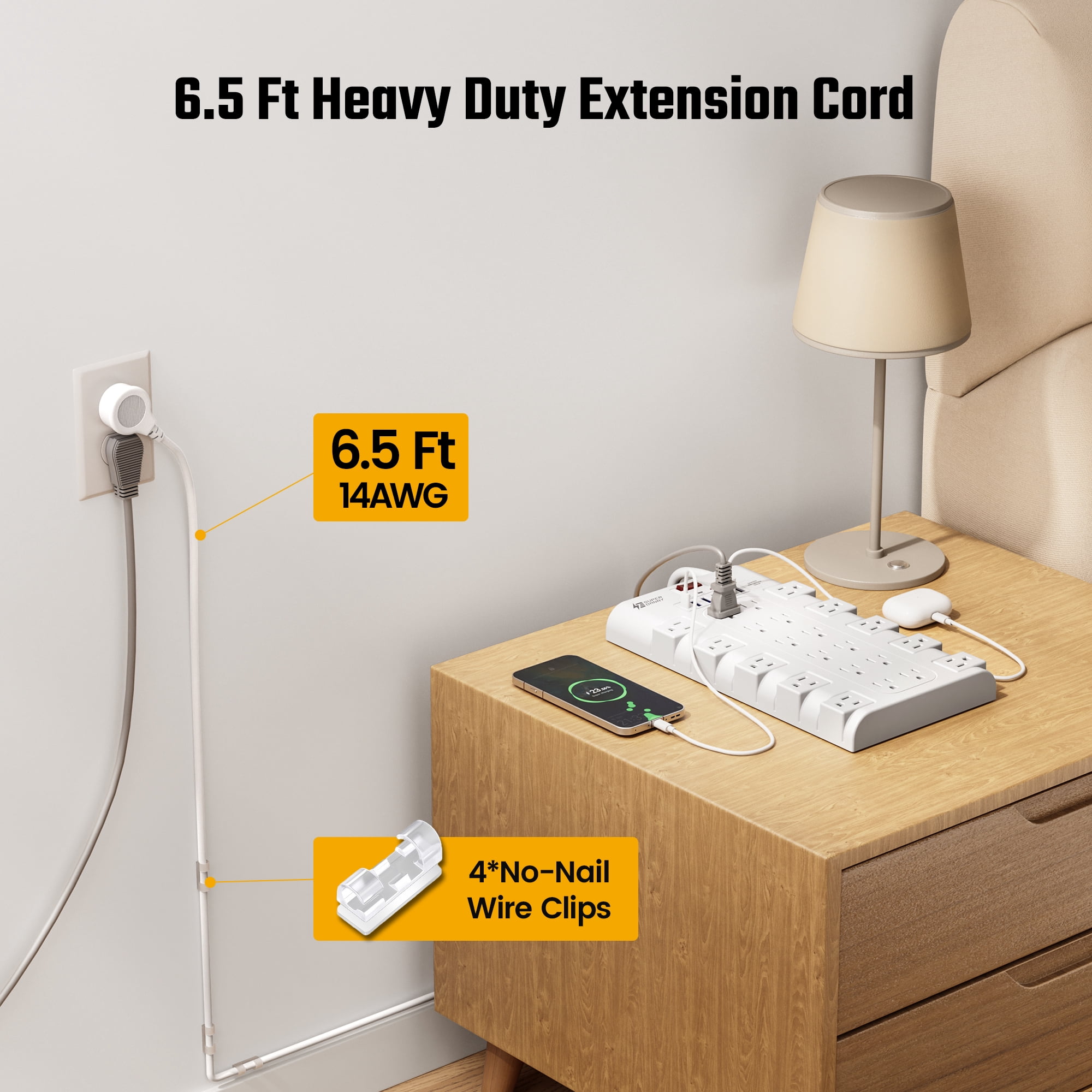 Power Strip with 22 Outlet and 6 usb ports with Cable Manager, 5.5 Ft Long Cord,White